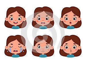 Cute cartoon little kid girl in various expressions and gesture. Cartoon child character showing different emotions