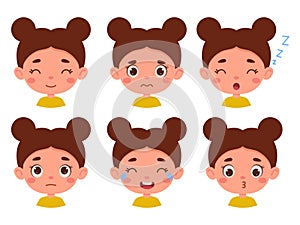 Cute cartoon little kid girl in various expressions and gesture. Cartoon child character showing different emotions