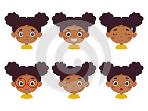 Cute cartoon little kid mulatto girl in various expressions and gesture. Cartoon child character showing different
