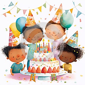 Cute cartoon little kids celebrating a birthday with a cake. Happy birthday party friends clipart isolated on white background