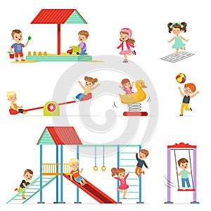 Cute cartoon little kids playing and having fun at the playground set, children playing outdoors vector Illustrations