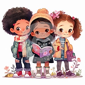 Cute cartoon little kids reading a book. Smiling schoolgirls walking together outdoors. Multiethnic children standing in a row