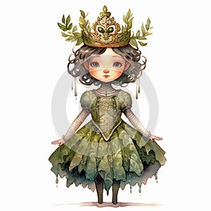 Cute cartoon little princess in green dress and crown. Watercolor illustration isolated on white. Generative AI