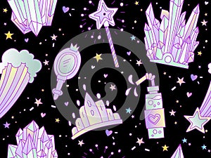 Cute cartoon little princess seamless pattern. Crown, coctail, magic wand, tiara and star on deep space background. Cute