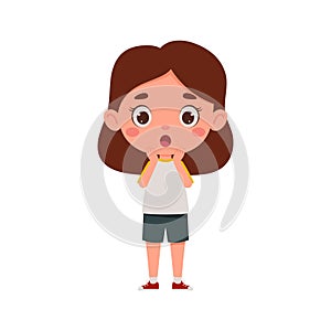 Cute cartoon little scary girl. Little schoolgirl character show facial expression. Vector illustration