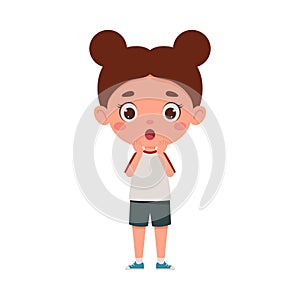 Cute cartoon little scary girl. Little schoolgirl character show facial expression. Vector illustration