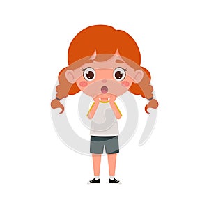 Cute cartoon little scary girl with red hair. Little schoolgirl character show facial expression. Vector illustration