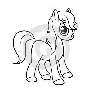 Cute cartoon little white baby horse , beautiful pony princess character, vector illustration isolated on white outlined.