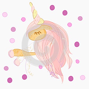 Cute cartoon little white baby horse with pink hair, beautiful pony princess character,  illustration isolated on white.