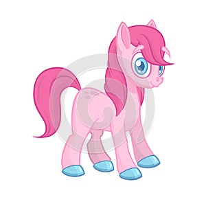 Cute cartoon little white baby horse with pink hair, beautiful pony princess character, vector illustration isolated on white.