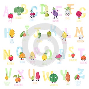 Cute cartoon live fruits and vegetables vector alphabet.