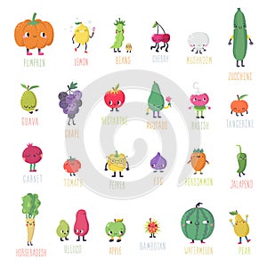 Cute cartoon live fruits & vegetables vector set. Part one.