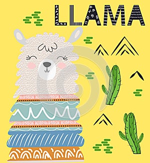 Cute cartoon llama alpaca vector graphic design set. Hand drawn llama character illustration