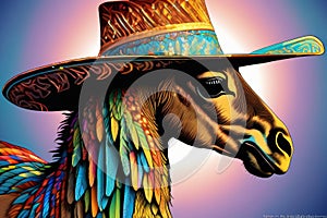 Cute cartoon llama cowboy. art illustration of an animal in wild west.