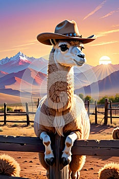 Cute cartoon llama cowboy. art illustration of an animal in wild west.