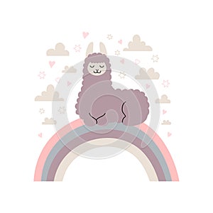 Cute cartoon llama on the rainbow with small clouds