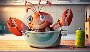 Cute Cartoon Lobster on a Kitchen Counter in the pot, generative Ai