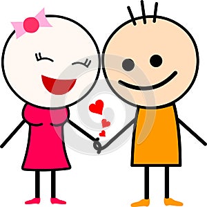 A cute cartoon love couple, holding hands.