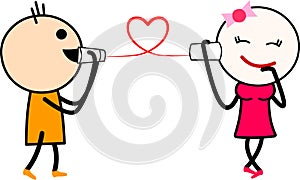 A cute cartoon love couple talking on string phone.