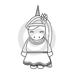 Cute cartoon lovely black and white native indian american female unicorn thanksgiving vector illustration