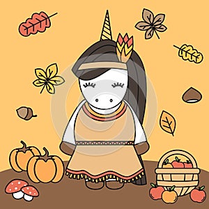 Cute cartoon lovely native indian american female unicorn thanksgiving vector illustration