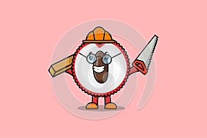 Cute cartoon Lychee carpenter character with saw