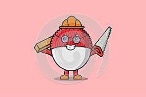 Cute cartoon Lychee carpenter character with saw