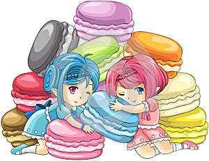 Cute cartoon macaron nymphs with pile of colorful macarons in the background