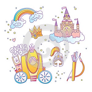 Cute cartoon magic princess icon collection. Icon princess set with princess castle, rainbow, brougham, royal crown and photo