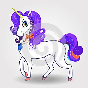 Cute cartoon magical unicorn with purple hair and rainbow eyes on white background. photo