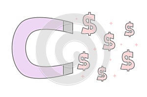 Cute cartoon magnet attracting money business concept illustration