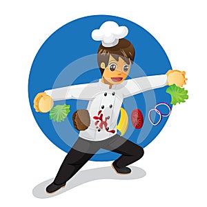 Cute cartoon male chef preparing burger