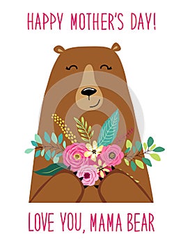 Cute cartoon Mama Bear with flowers bouquet, Mother`s day card