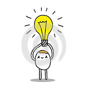 Cute cartoon man holding light bulb yellow hand drawn vector illustration in cartoon style