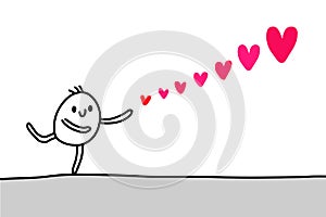 Cute cartoon man sending his love. Heart symbol minimalism. Vector illustration for cards, posters, prints. Valentines day