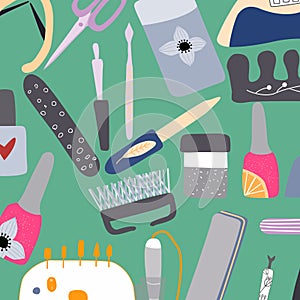 Cute cartoon manicure  pedicure equipment vector pattern set  with nail scissors, polish, nail file, nail drill machine.
