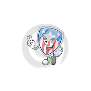 Cute cartoon mascot picture of shield badges USA with star with two fingers