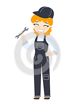 Cute cartoon mechanic girl with wrench isolated on white background