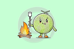 Cute cartoon Melon character burning marshmallow