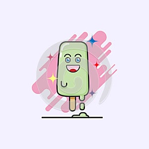 Cute cartoon of melt ice cream bar, lime sherbet flavor on white