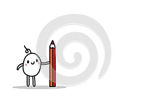 Cute cartoon ment holding big red pencil hand drawn illustration