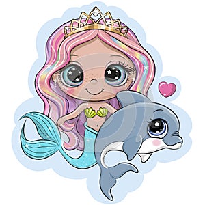 Cute cartoon mermaid with dolphin