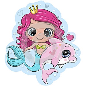 Cute cartoon mermaid with pink dolphin