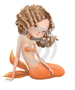 Cute cartoon mermaid with red curled hairs