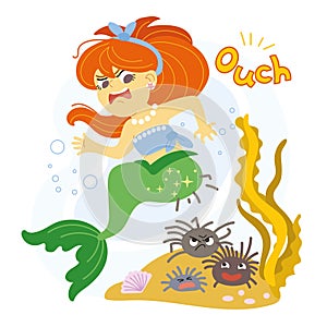 Cute cartoon mermaid sat on a sea urchins vector illustration