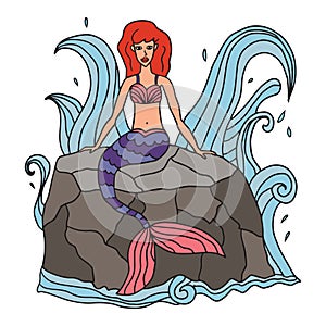 Cute cartoon mermaid sitting on the rock in the sea in cartoon doodle style isolated