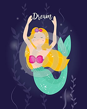 Cute cartoon mermaid with yellow hair.