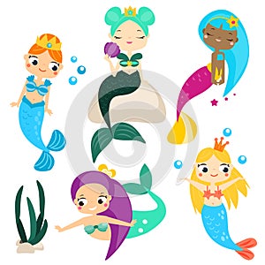 Cute cartoon mermaids set and design elements. Stickers, clip art for girls in kawaii style