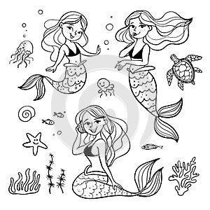 Cute cartoon mermaids set and sea animals