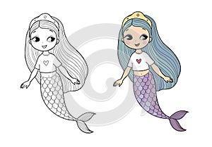 Cute cartoon mermaids. Siren. Sea theme. vector illustration. Beautiful cartoon girl with a fish tail. Illustration for